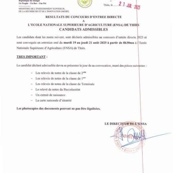 Résultats concours ENSA Thiès session 2025