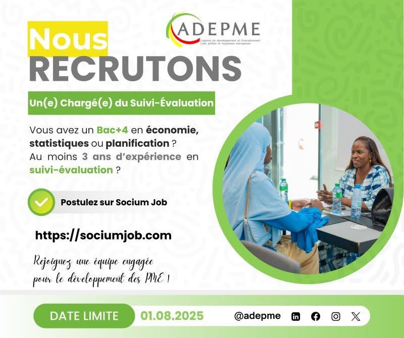 ADEPME recrute : Chargé(e) de Suivi‑Évaluation PAAICE – Dakar